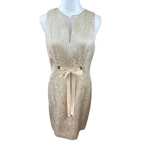 Chetta B VTGE Size 6P Gold Jacquard Sheath Dress Rhinestone Bow V-Neck Sleeveles